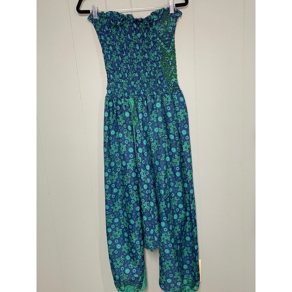India Boutique Harem Pants Jumpsuit Women One Size Blue Teal Floral Excellent
